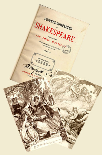 Title page and illustrations of volume II of the works of Shakespeare, translated into French by mile Montgut, 1869 edition., © Public domain, ditions Hachette, Paris, France, 1869