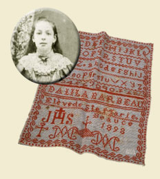 Portrait of Dalila Barbeau superimposed on a piece of embroidery, done by her in 1898, when she was a student at the convent of Sainte-Marie de Beauce. This piece was preciously guarded by Marius Barbeau in remembrance of his sister Dalila, deceased on October 1, 1901, at the age of 17., © CMC/MCC