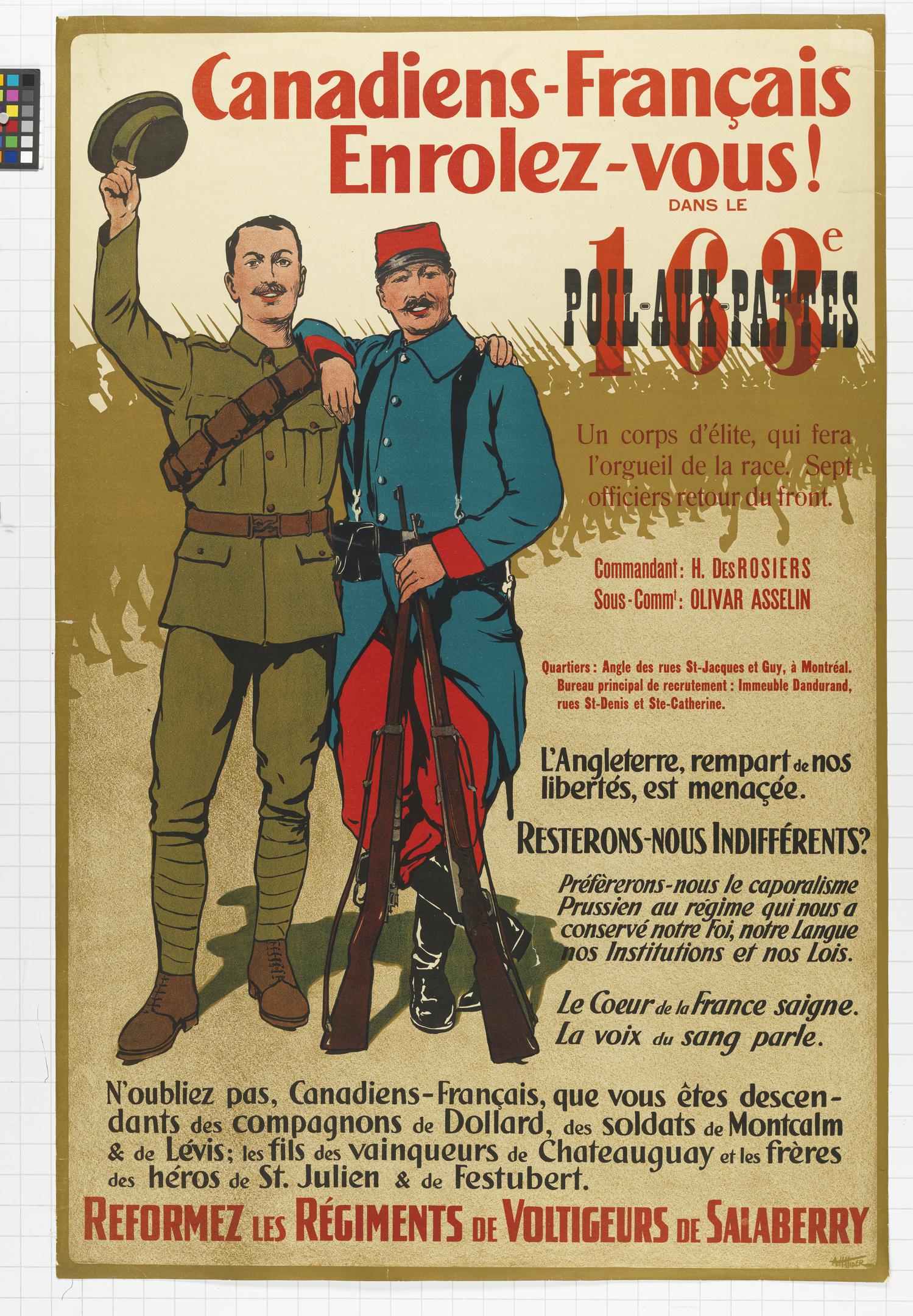 affiche de recrutement en temps de guerre, CANADIENS FRANCAIS ENROLEZ-VOUS  DANS LE 163E POIL-AUX-PATTES. UN CORPS DELITE, QUI FERA LORGUEIL DE LA RACE  ETC | Musée canadien de la guerre