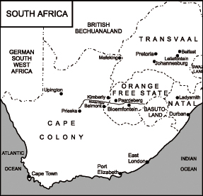 A map of South Africa showing the location of Orange Free State.