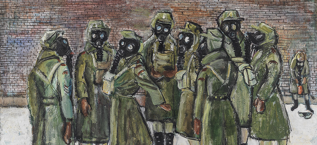 Une peinture représentant un groupe de soldats portant des masques à gaz, exposée au Musée canadien de la guerre.