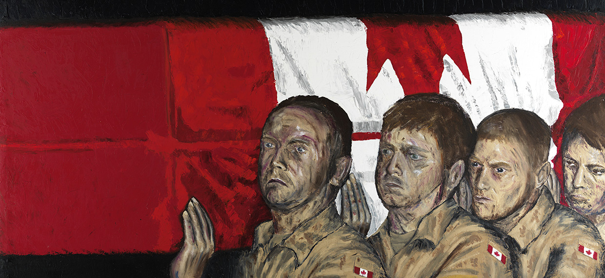 Une peinture représentant un groupe de soldats tenant un drapeau canadien au Musée canadien de la guerre à Ottawa.