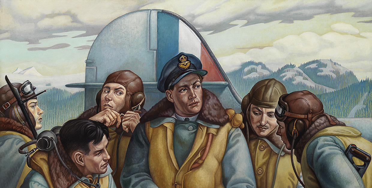 Une peinture représentant un groupe d'hommes debout autour d'un avion au Musée canadien de la guerre à Ottawa.