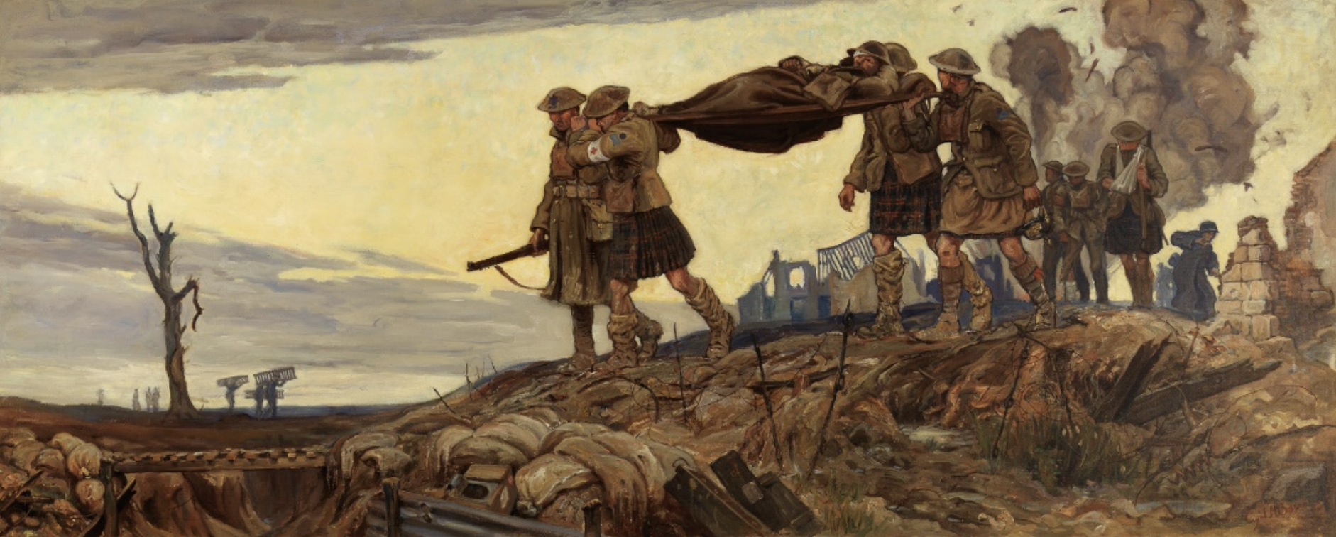 Une peinture de soldats portant un corps sur une colline à Ottawa au Musée canadien de la guerre.