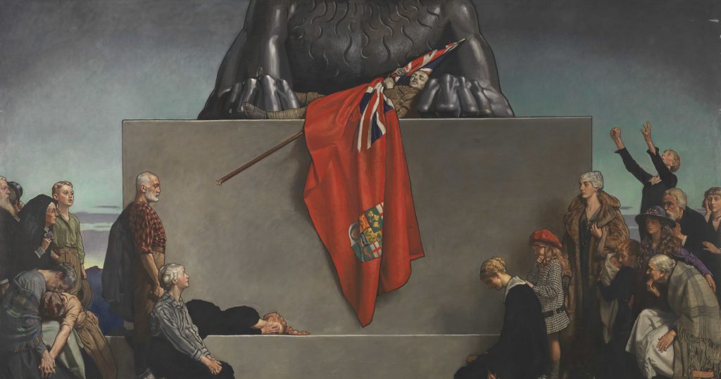 Une peinture représentant une statue d'un homme tenant un drapeau au Musée canadien de la guerre à Ottawa.