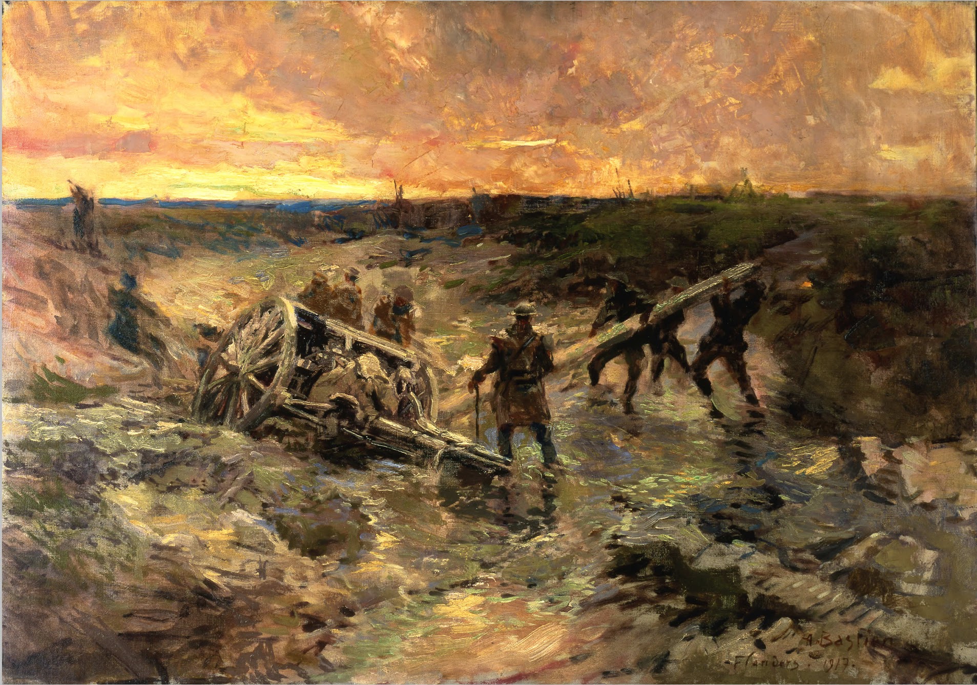 Painting of solders moving a wagon in Flanders