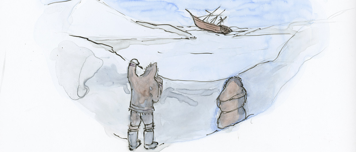 A drawing of a man looking at a ship.