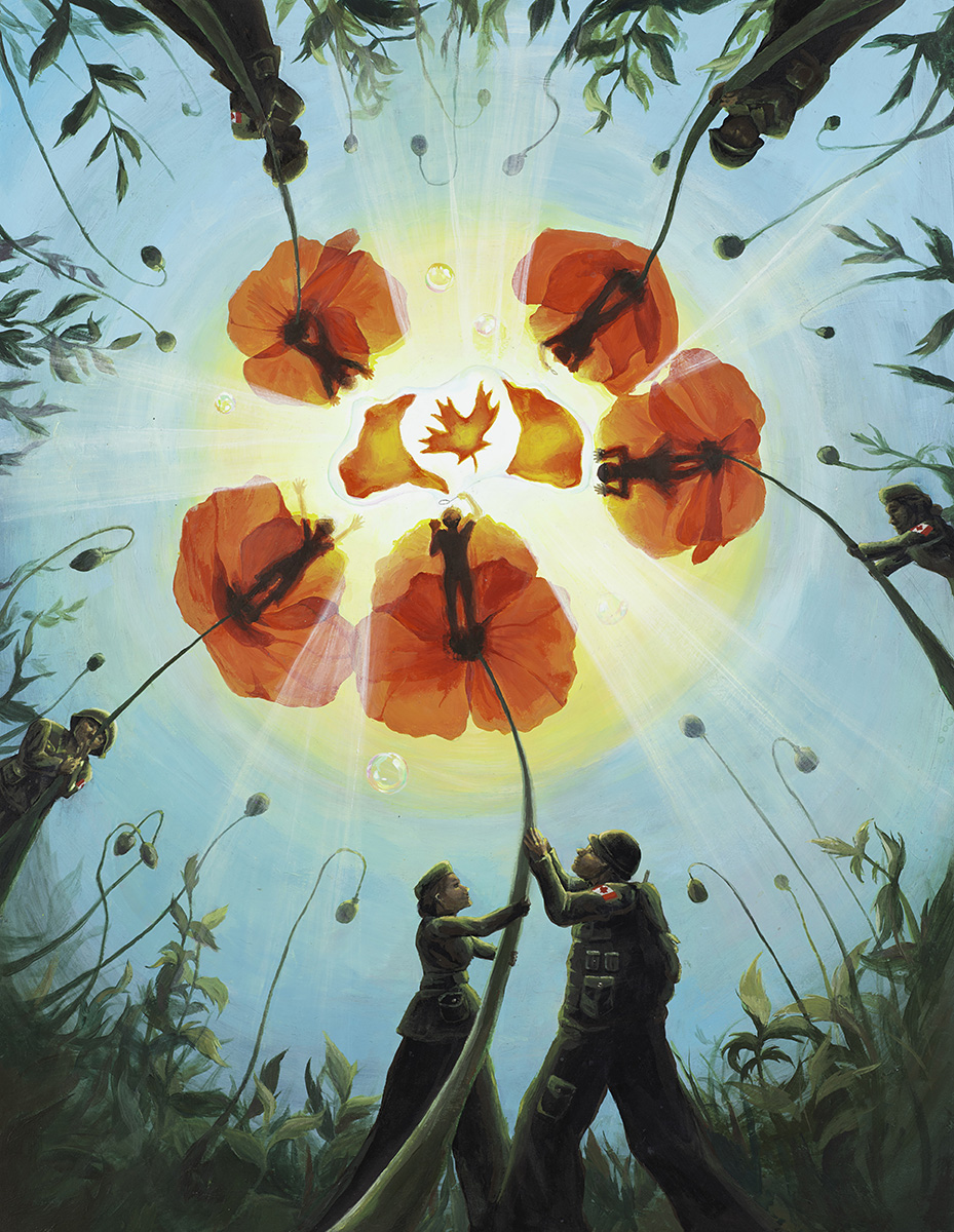 Affiche en couleur avec des soldats et des coquelicots